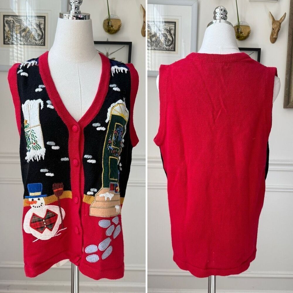 Vintage OHI Christmas Appliqué Embroidered Button Front Sweater Vest S